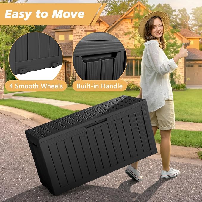 Fancyango 85 Gallon Outdoor Deck Box Waterproof, Large Storage Box for Patio, Resin Storage Bench Lockable for Garden Tools, Package Delivery,Black