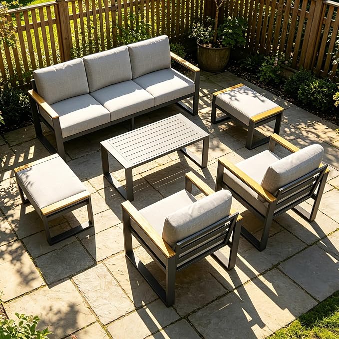 Aluminum Patio Furniture Set, 7 Seats Outdoor Patio Conversation Sets with Coffee Table, 6 Pieces Metal Conversation Sectional Furniture Sofa for Balcony, Garden, Deck, Backyard,Gray