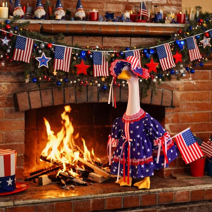 Outus 4th of July Porch Goose Outfit Includes Independence Day Dresses Clothes Hat and American Flag 23 Inch Patriotic Goose Porch Clothing for 4th of July 250th Anniversary Garden Yard Decoration