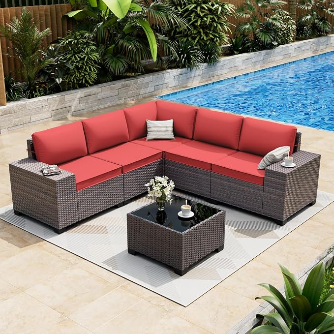 ALAULM 6 Pieces Patio Furniture Set, Oversized Seat/Armrest and High Back Wicker Sectional Furniture Set with Thick Cushion for Backyard, Garden, Red