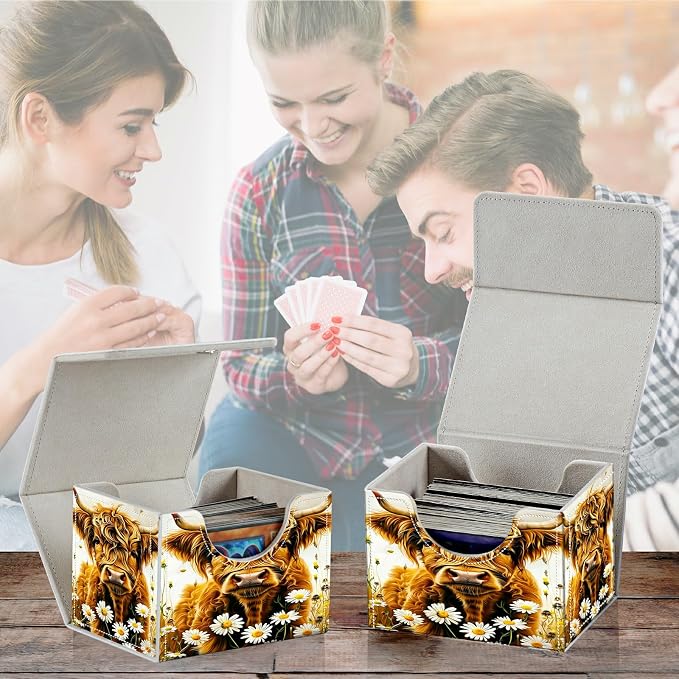 Card Deck Box for MTG, Cards Storage Box Fits 120+ Sleeved, Leather Small Size Strong Magnetic Closing Card Case for Board Games Magic TCG CCG Baseball Collection, Flower Yellow Cow