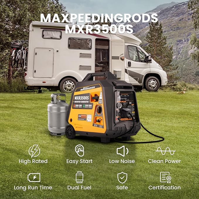 maXpeedingrods 3500W Dual Fuel Inverter Generator,E-Start,CO,EPA Compliant | Gasoline & Propane(LPG) Powered, Remote & Electric Start, Wheel & Handle Kit, Trailers Camping Outdoor Home, MXR3500S, 55lbs