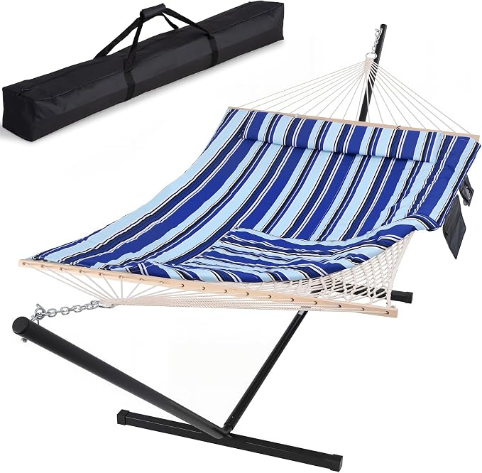 SUNCREAT Hammock Double Hammock with Stand, Carrying Bag, Two Person Cotton Rope Hammock, Blue Stripe