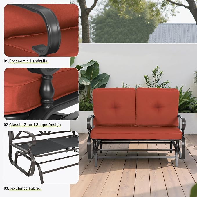 Incbruce 4Pcs Outdoor Metal Furniture Patio Conversation Sets (Glider, Bistro Table, 2 Spring Lounge Chairs) - Wrought Iron Outdoor Glider Chairs Sets (red)
