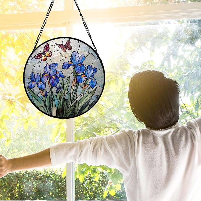 DASTOLL Stained Glass Window Hanging, Blue Iris Flowers Butterfly Suncatcher Diamond Colorful Glass Panel Sun Catchers Decor for Birthday for Women, Men, Wife, Aunt, and Mom 15x15 in