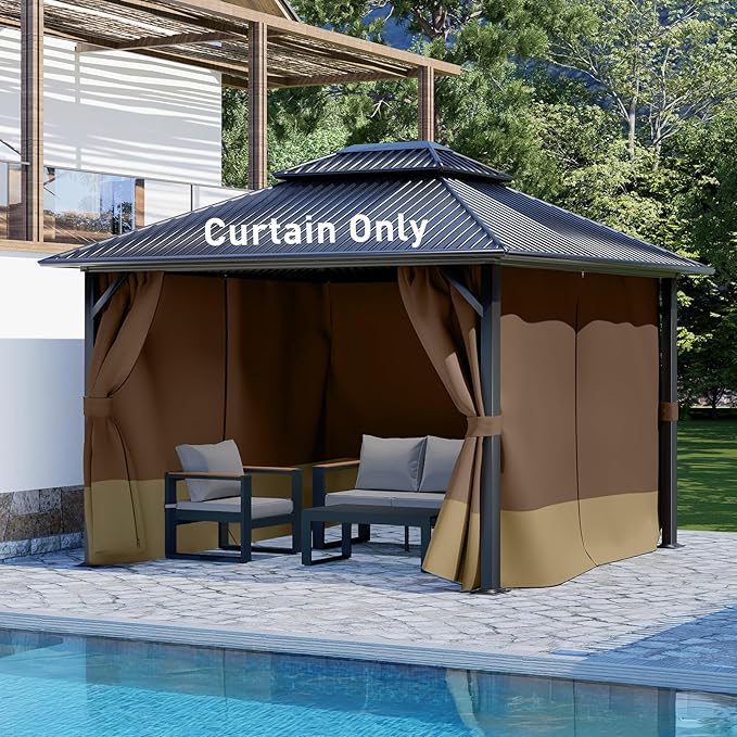 Aoodor 10x12 ft Outdoor Gazebo Curtains, 4 Panels Waterproof Privacy Sidewall Replacement with Zipper for Patio Pergola and Canopy, Brown and Khaki