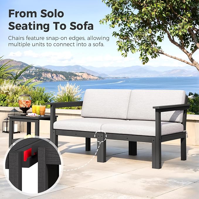 Modular Outdoor Patio Furniture Arm Seat, HIPS All-Weather Outdoor Sectional Sofa with High-Density Thick Cushions, Easy Side Interlock, Patio Seat for Backyard, Balcony, Deck (Grey)