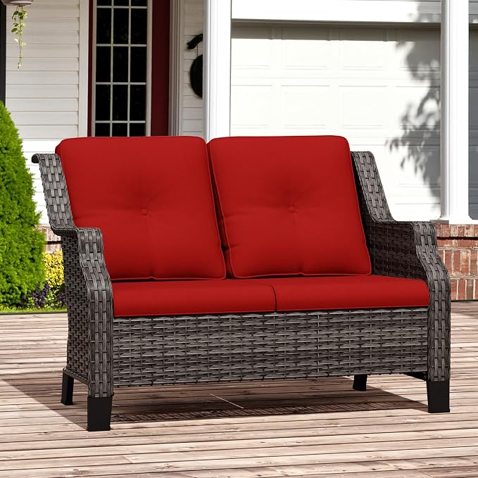 Outdoor Patio Loveseat, All-Weather 2-Seater Wicker Loveseat with Cushions, Outdoor Patio Love Seat Sofa for Garden, Balcony and Deck