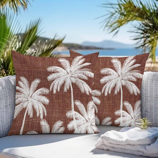 Outdoor Pillow Covers 24x24 Inch Set of 2, Brown Palm Trees Waterproof Throw Pillow Covers, Farmhouse Tropical Summer Beach Decorative Cushion Pillowcases for Couch, Sofa, Bed, Garden, Patio