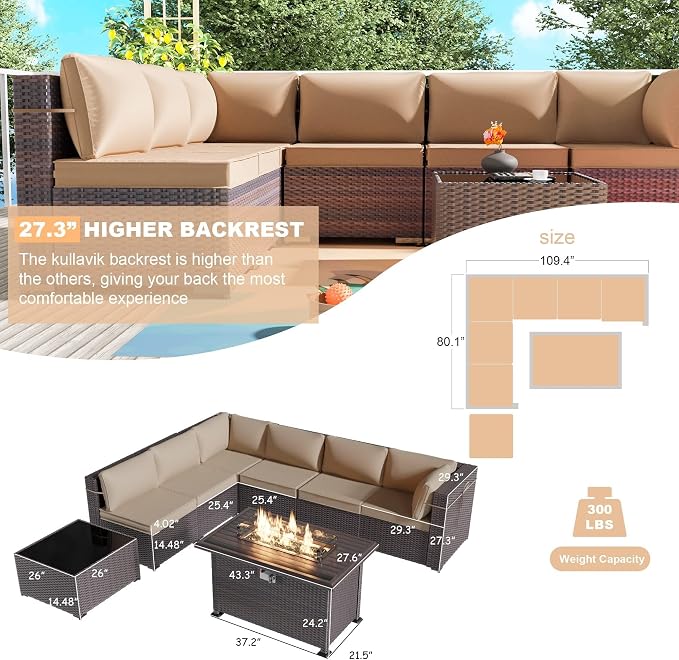 Kullavik 8 Pieces Outdoor Patio Furniture Set,Sectional Sofa Set with 43" 55000 BTU Gas Propane Fire Pit Table,Brown PE Rattan Wicker Patio Conversation Set,Sand