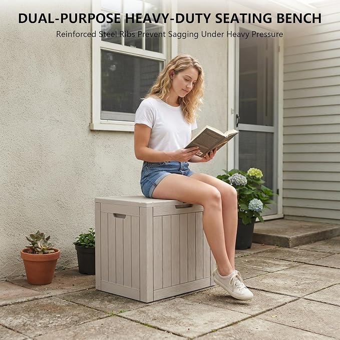 Outdoor Storage Box, 35 Gallon Waterproof Deck Box [Upgraded 3.0], Quick Snap-Lock Resin Cabinet for Seat Pillows, Patio Blankets, Lockable End Table Beverage Stand, Apartment Deck, Grey