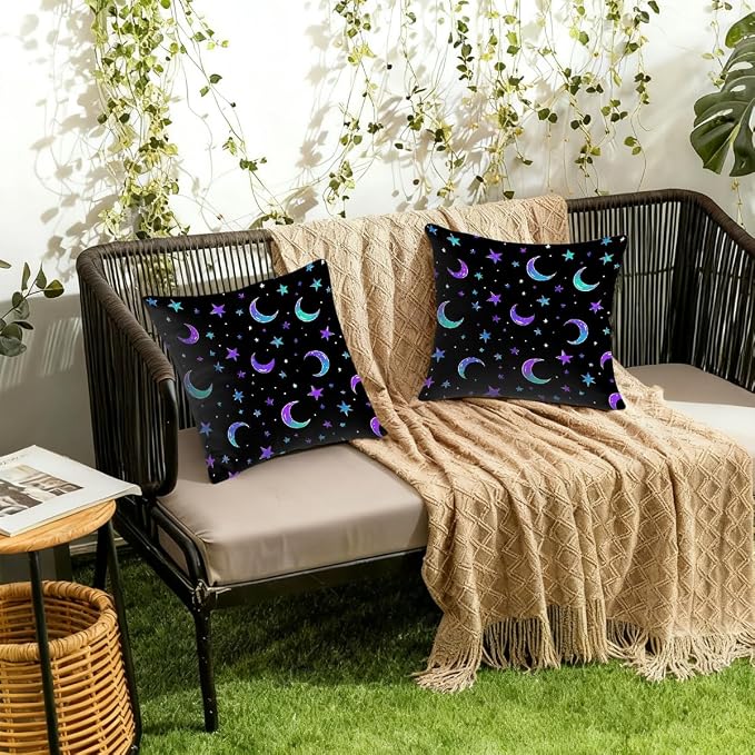 18x18 Inch Outdoor Pillow Covers Set of 2 Waterproof Throw Pillow Covers Decorative Couch Cushion Covers Moon and Stars Square Pillowcases Protectors for Patio Garden Sofa