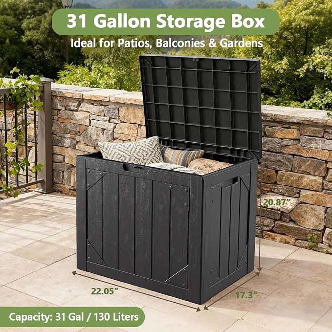 31 Gallon Outdoor Deck Box 4 Pack, Waterproof Resin Patio Storage Boxes with Lockable Lid, Small Outdoor Storage for Cushions, Accessories, Garden Tools, Indoor Outdoor Organizer, Black