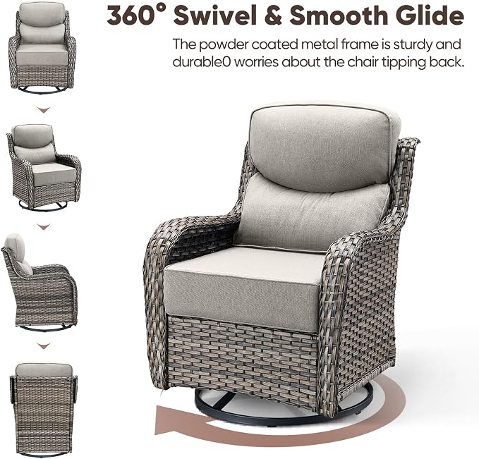 Swivel Patio Chairs Set of 3 with 6" Thick Cushion - Wicker Outdoor Swivel Rocker Patio Chairs with Side Table, High Back Comfortable Outdoor Glider Chair - Grey Wicker | Beige Cushions