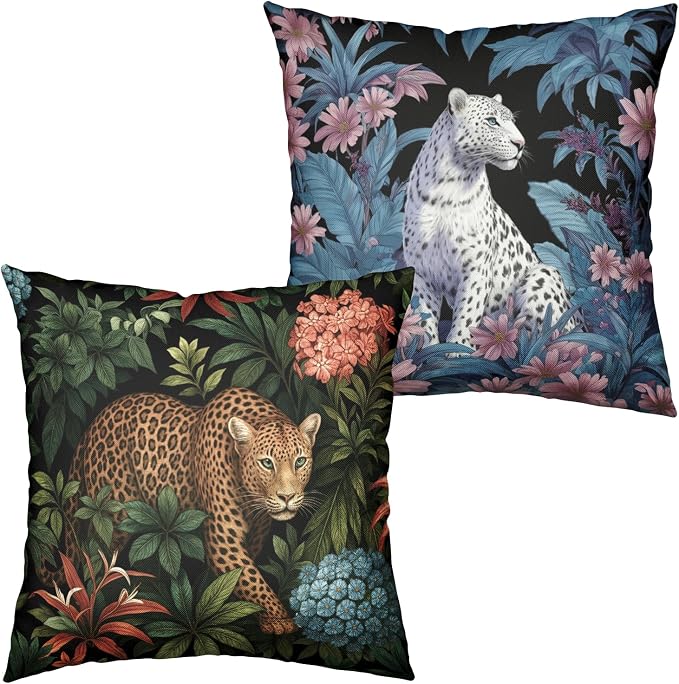 Jungle Leopard Pillow Covers Tropical Cheetah Throw Pillow Covers Hawaiian Lily Daisy Floral Pillow Cases 16x16 Set of 2 Summer Farmhouse Cushion Cases for Home Sofa Couch