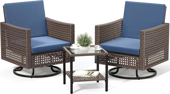 YITAHOME 3 Pieces Patio Set w/2.8" Thick Cushions, All Weather Swivel Patio Furniture Set w/Wicker Rocking Chairs & Rattan Side Table for Backyard Deck Poolside, Blue
