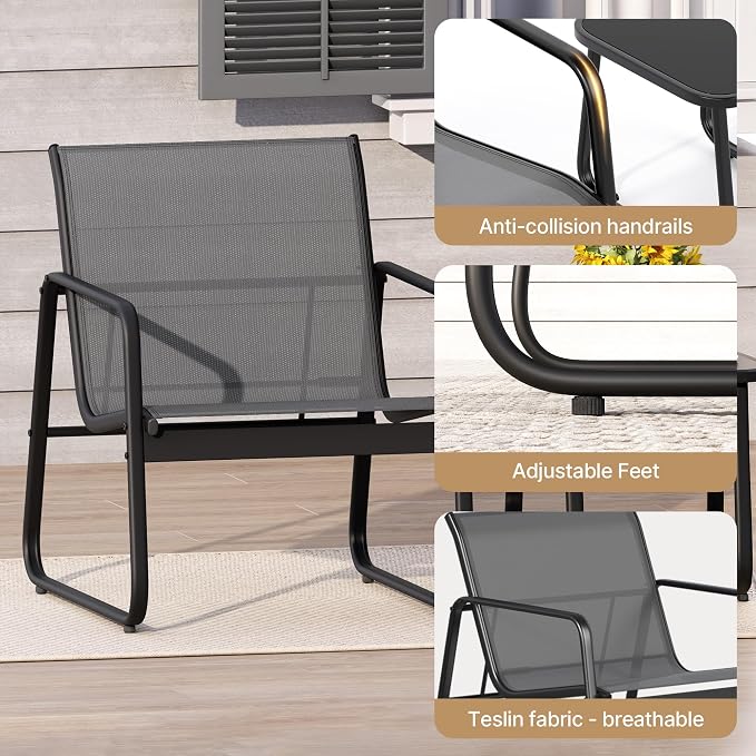 Gizoon Patio Chairs Set of 2, 3 Piece Patio Furniture Set, Bistro Sets,with Textilene Fabric, Metal Frame Coffee Table, Outdoor Chairs Set, for Balcony, Backyard,Lawn, Garden, Poolside, Grey