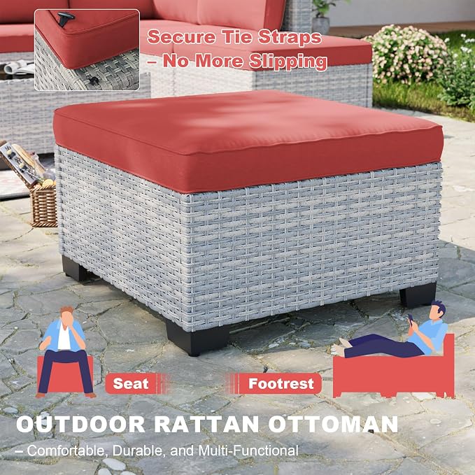 9-Piece Patio Furniture Set, Outdoor with Ottomans, Modular Patio Sofa, Dual-Strand Wicker Rattan, Rust-Resistant Frame, Backyard Furniture for Garden, Deck, Red