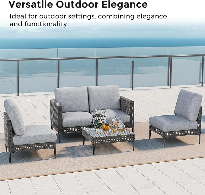 Jocoevol Outdoor Patio Sofa Conversation Set–Rattan 4 Seats Comfortable Couch for Garden, Yard, Weatherproof–Includes Glass Table, Armless Chairs, and Two-Seater Sofa