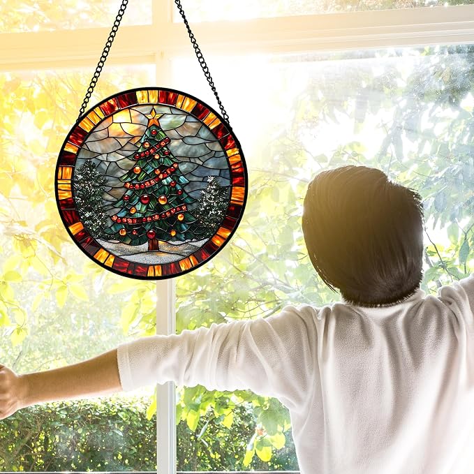 DASTOLL Stained Glass Window Hanging - Winter Christmas Tree Suncatcher Ready to Hang Window Doors Home Decoration, Christmas, Mother's Day Birthday Gifts for Women, Men, and Mom 7.8x7.8 in