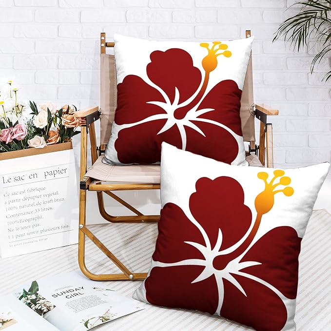 Summer Hawaii Hibiscus Flowers Throw Pillow Covers 16x16 Red Hawaiian Floral Pillow Covers Set of 2 Tropical Plant Decoration Pillowcases for Couch Living Room Home Decor