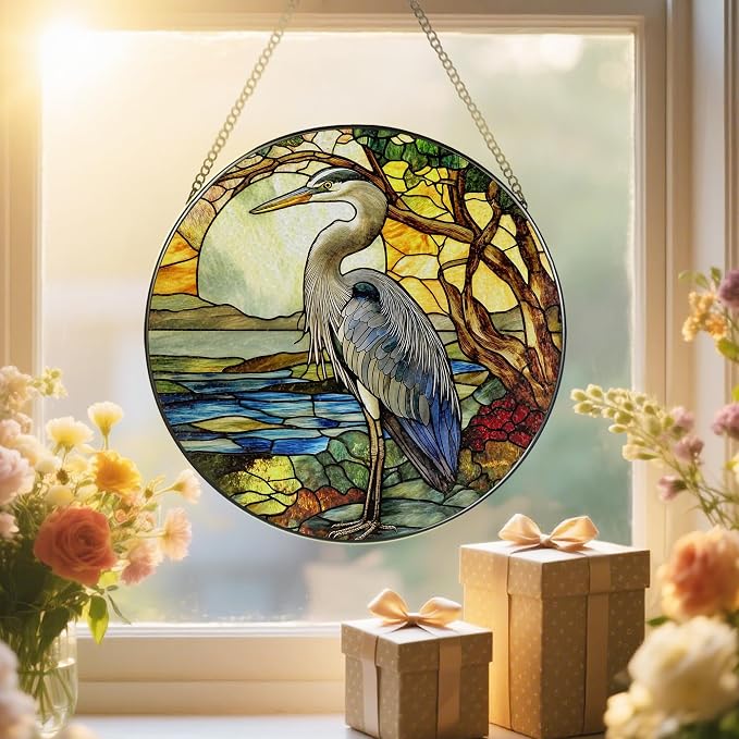 Stained Glass Window Hanging, 8 Inch Blue Heron Suncatcher Ornament, Stained Glass Suncatchers for Windows Hanging, Christmas, Mother's Day, Birthday, Bird Lover Gifts for Mom, Grandma, Women & Men