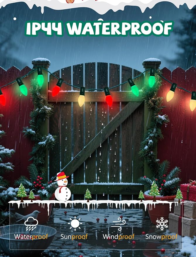 C7 Multicolor Vintage Christmas Lights, 26Ft Red White and Green Christmas Outdoor String Lights with 27 LED Bulbs, Hanging Old Fashioned Lights for Xmas Tree Patio Roofline Party Wedding Decoration