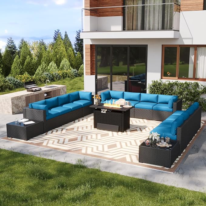 LazySunsets 15 Piece Outdoor Patio Furniture Set with 44'' Fire Pit Table, Outdoor Patio Furniture Set with Thicken Cushion, Wicker Rattan Outdoor Conversation Set for Backyard & Garden, Peacock Blue