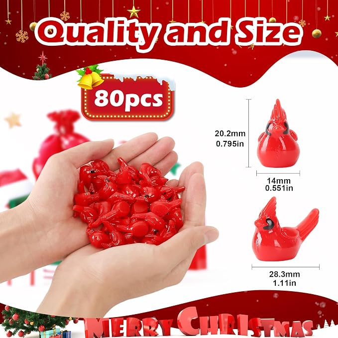 80 Pcs Mini Resin Red Cardinal Birds Christmas Tree Ornaments Bulk Tiny Animals Figurines for DIY Craft Supplies Mini Garden Decor Party Cake Toppers Dollhouses Xmas Gift