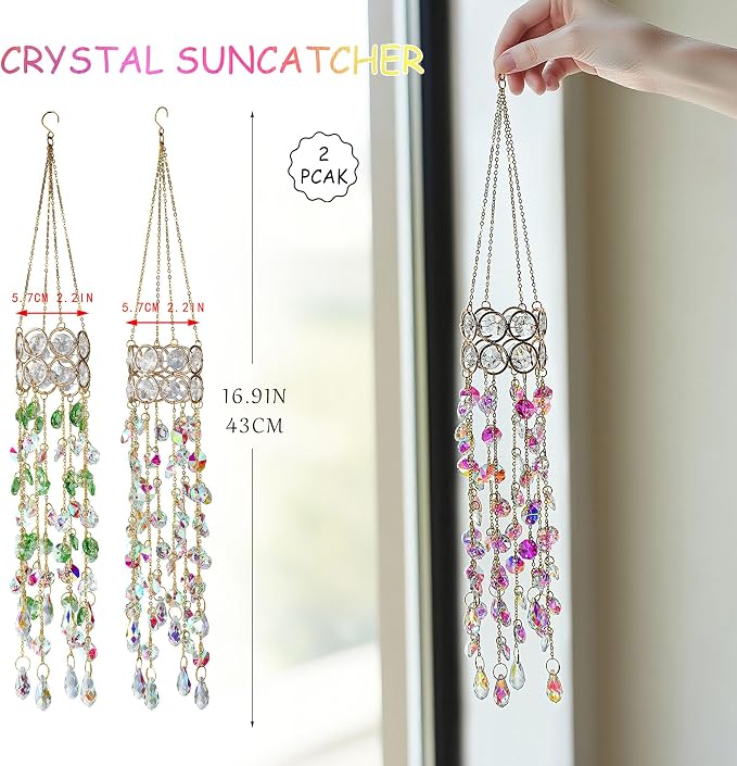 2 Pack Crystal Suncatchers for Window Hanging Rainbow Makers,17inch | Crystal Prisms Sun Catcher Indoor Window,Retirement Gift,Light Catcher,Whimsical Decor,Witchy Home Decor,Cottagecore Decor
