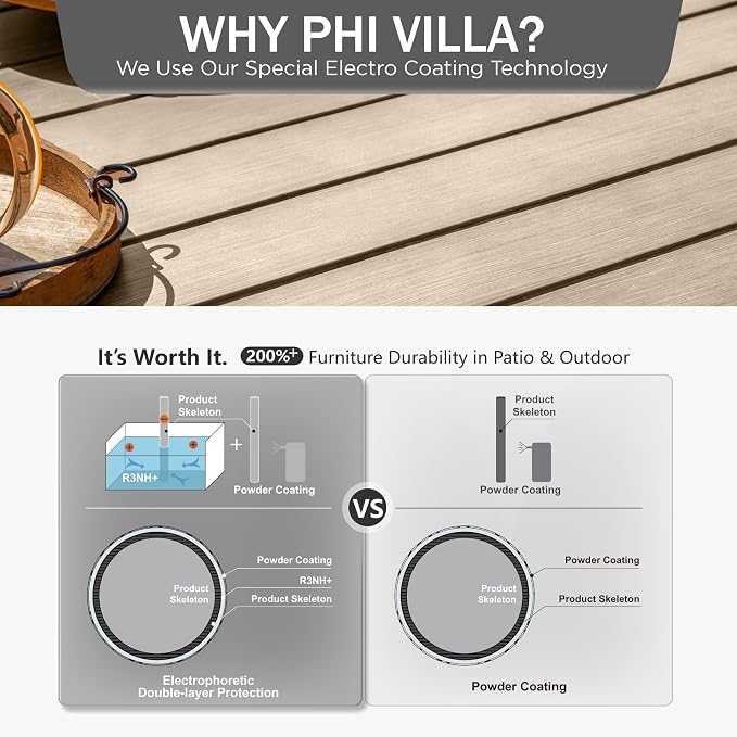 PHI VILLA 9 Pcs Outdoor Dining Set& 57.5" Wood-Like Table | Square Metal Table w/ Umbrella Hole &Wrought Iron Chairs, Large Outside Furniture Set for Patio, Deck, Yard, Porch