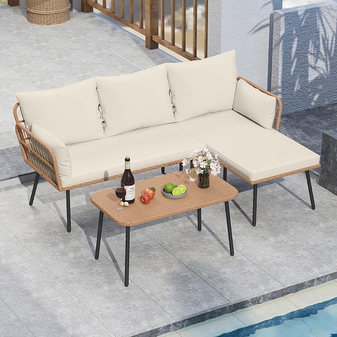 Tangkula 3 Pieces L-Shaped Patio Furniture Set, Outdoor Sectional Cushioned Sofa with Coffee Table, Removable Cushions, Boho Rattan Outdoor Conversation Set for Backyard Porch Balcony (White)