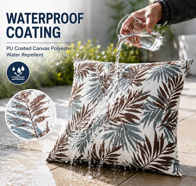 Outdoor Pillow Covers Waterproof Throw Pillow Covers, Set of 2 Jacquard Texture Water Resistant Fade Resistant Decorative Cushion Covers for Garden Patio Bench Couch Sofa, 18x18 Inch (Brown Palm)