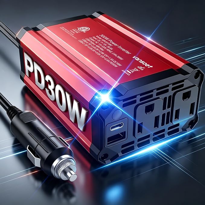 【2026 Upgraded】 300W Car Power Inverter - vansoet DC 12V to 110V AC(2 Outlets) Power Inverters with PD30W & QC18W Fast Charging Port - Car Charger Cigarette Lighter Adapter for Laptop/Phone/Road Trip