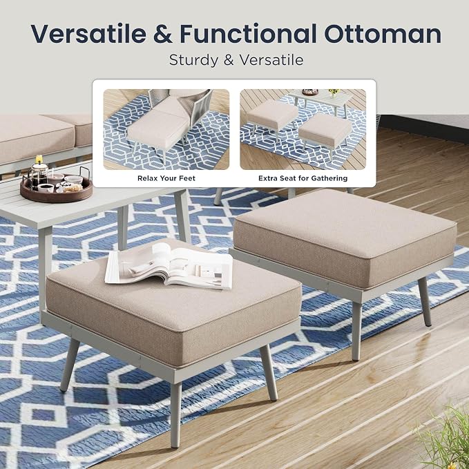 PHI VILLA 8-Piece Rope Rattan Patio Sectional Furniture Set,Modern Outdoor Conversation Set with Detachable Armrests and Grey Metal Frame,All Weather Patio Sofa with Coffee Table and Biege Cushions
