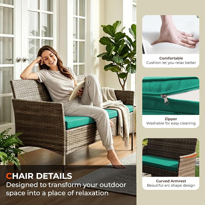 4 Pieces Outdoor Patio Furniture Set, Wicker Patio Conversation Set with Tea Table, All-Weather Outside Rattan Sectional Sofa for Backyard, Poolside, Garden, Balcony, Brown/Green