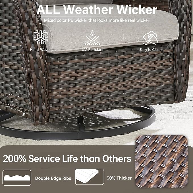 Outdoor Swivel Rocker Patio Chairs Set of 4 with Ottoman Coffee Table - 5" Thick Cushion 7 Piece Furniture Set All Weather Comfortable Wicker Conversation Set for Porch Deck - Brown/Beige