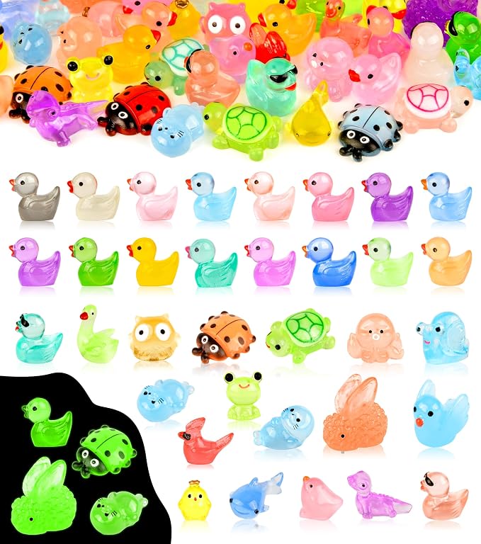 FEXIA 100PCS Glow in The Dark Mini Resin Animals 20 Cute Styles Tiny Figurines Colorful Ducks, Frogs, Turtles, Fishfor Fairy Garden, Dollhouse, Aquarium, DIY Crafts, Micro Landscape Party Decoration