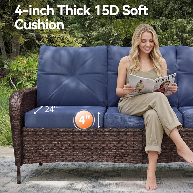 Aoxun Luxury 7-Piece Patio Furniture Set, 360° Swivel Chairs, Wicker Rattan Sofa with Thick Cushion, Outdoor Conversation Set for Backyard, Poolside & Garden, Brown/Navy Blue