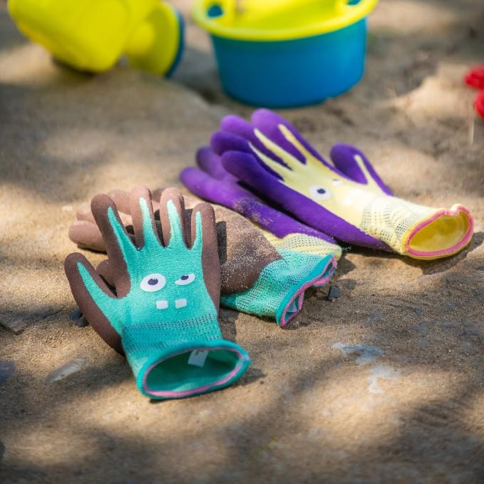COOLJOB 2 Pairs Modal Toddler Work Gloves Ages 6-8, Rubber Coated Kids Gardening Gloves for Children, Ultra Soft Skin-friendly (Little Monster Series, Medium M)