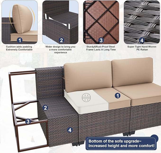 Kurapika 13 Pieces Patio Furniture Set, Rattan Wicker Outdoor Conversation Sets w/43in Propane Fire Pit Table, Swivel Rocking Chairs Patio Sectional Sofa w/4 Inch Cushion, Sand