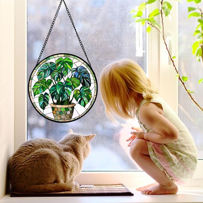 DASTOLL Stained Glass Window Hanging, Green Plant Monstera t Suncatcher Diamond Colorful Glass Panel Sun Catchers Decor for Birthday for Women, Men, Wife, Aunt, and Mom 9.8 in