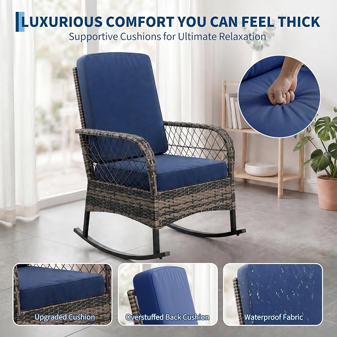 Garvee 3 pcs Outdoor Rocking Bistro Set, Wicker Rocking Bistro Set with Thick Cushions, Outdoor Rocker Chairs and Coffee Table for Porch, Backyard or Garden (Brown&Blue)