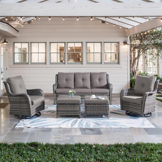 Belord 5 Piece Wicker Patio Furniture Set, Outdoor Swivel Rocker Chairs Set of 2 with Ottomans and 3 Seater Sofa, All Weather Patio Conversation Furniture Set, for Porch Pool, Gray Wicker/Gray