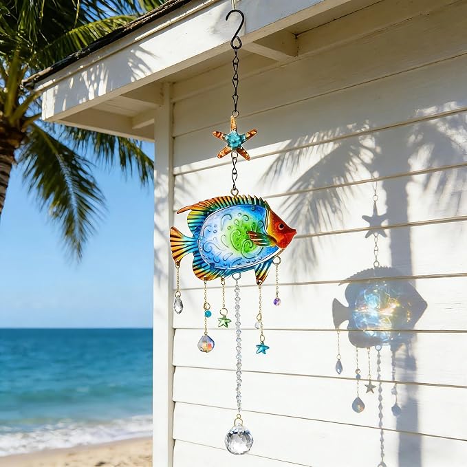 18.5inch Tropical Fish Crystal Suncatcher for Window Hanging Coastal Decor | Prism Sun Catchers Indoor Window,Metal Sun Catcher for Beach Ocean Garden Home Indoor Decor,Ocean Gift For Beach Lovers