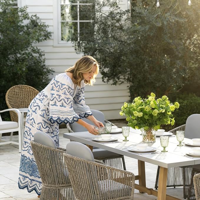SUNSITT 7 Piece Outdoor Patio Dining Set, Patio Dining Furniture Set with 76” Aluminum Dining Table w/Umbrella Hole and 6 Woven Wicker Outdoor Patio Chairs w/Curved Armrest for Garden, Light Grey