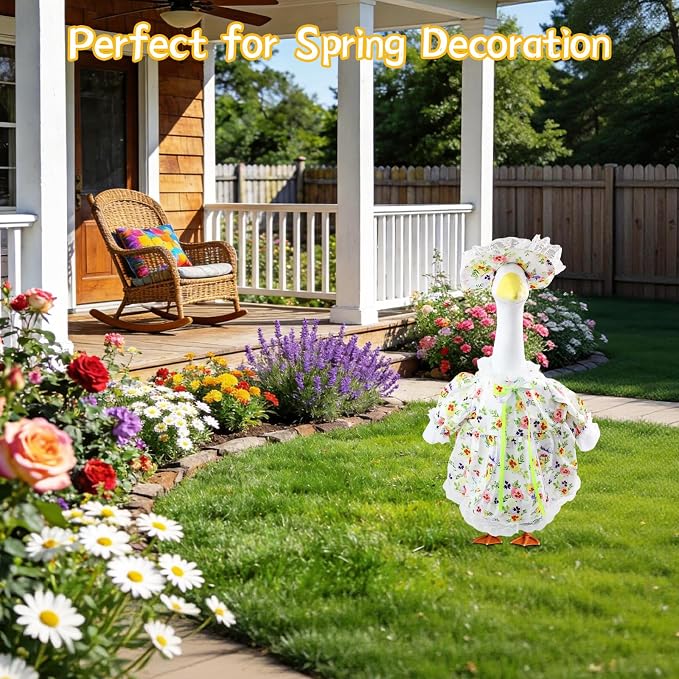 23 Inch Porch Goose Outfits 2 Pack, Summer Goose Clothes with Floral Dress, Hat, Bikini Set, Sun Hat and Heart Sunglasses for Cement Goose Statue Yard Garden Decor