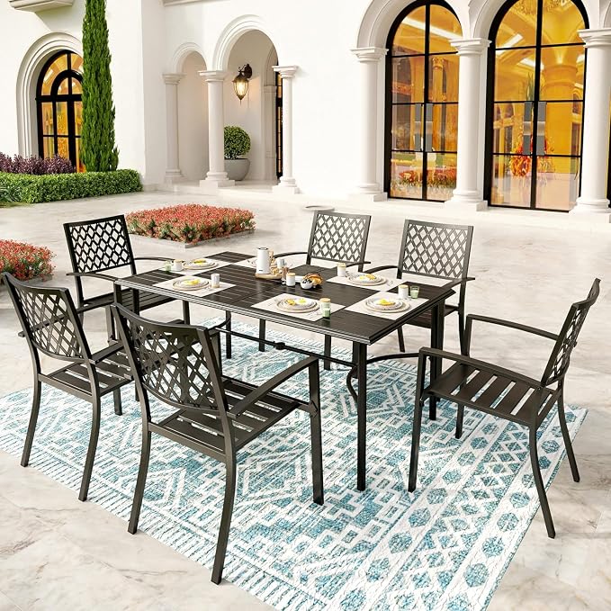 SUNSHINE VALLEY Patio Dining Set,Wood-Like Metal Table w/Umbrella Hole | 60x36 Metal Table&6 Pcs Rust-Proof Stackable Chairs, Outdoor Table and Chairs Set for Backyard Garden Deck