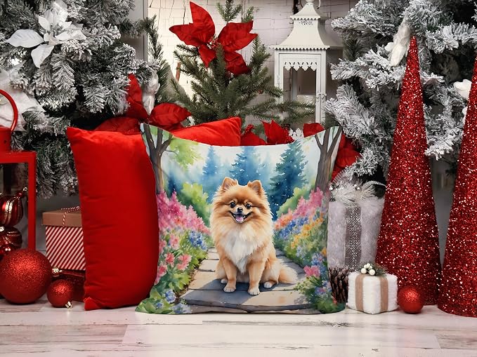 Caroline's Treasures Pomeranian Spring Path Throw Pillow Machine Washable, Indoor Outdoor Decorative Pillow for Couch, Bed or Patio, 14Hx14W