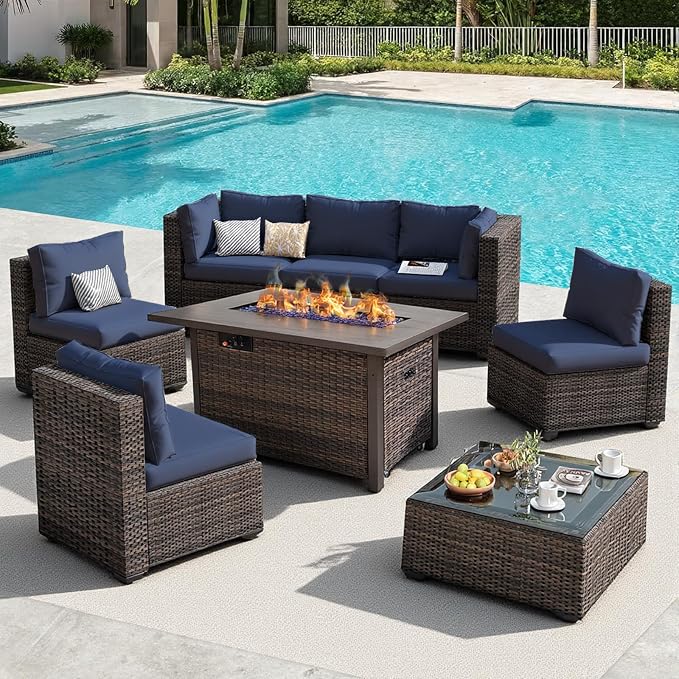 Patio Furniture Set, 8 PCS Outdoor Sectional Patio Furniture Set with 42" Fire Pit Table, Rattan Wicker Sofa Couch for Garden Backyard Deck Poolside, Blue